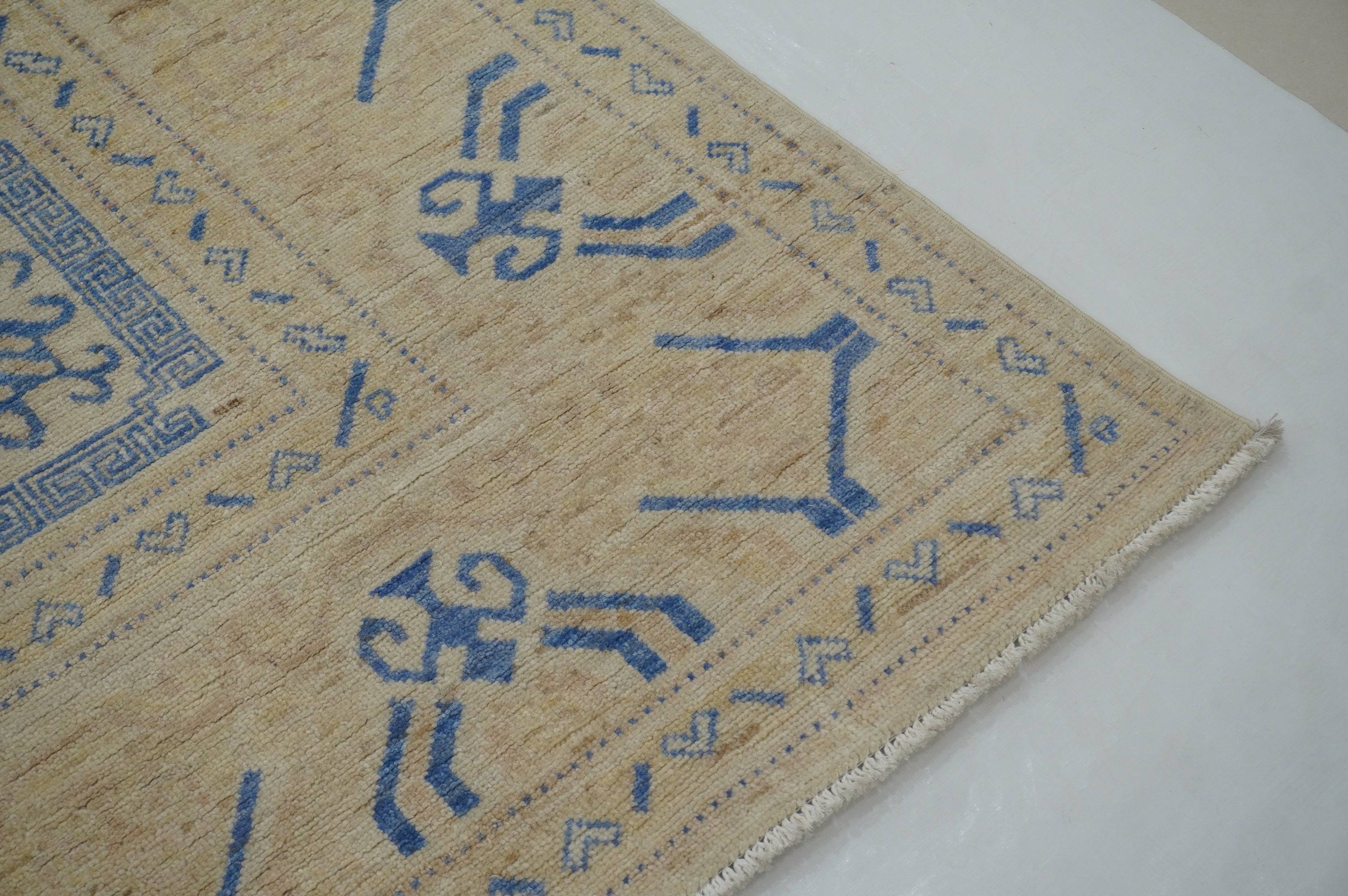 9x12 Vintage Beige Blue Khotan Afghan Hand Knotted Wool Rug - Yildiz Rugs