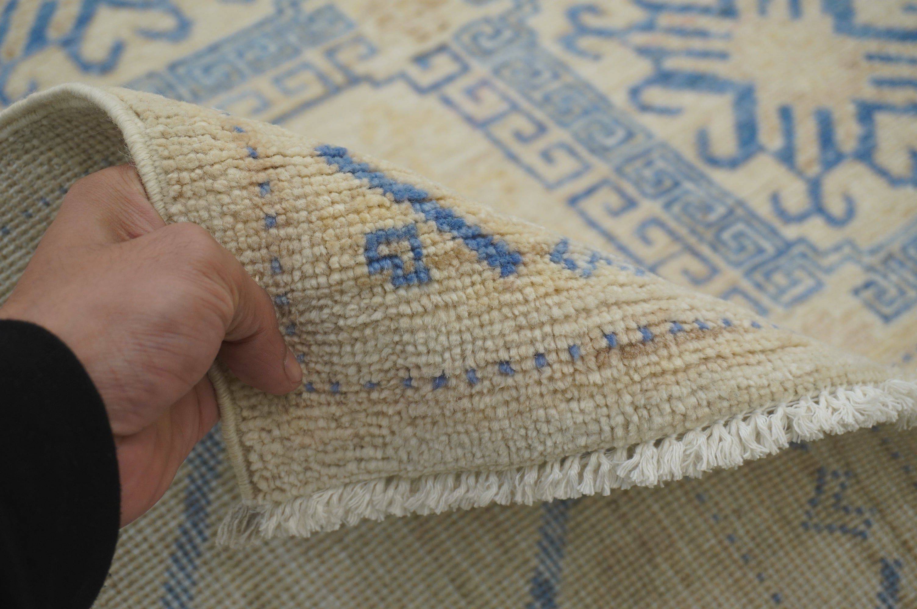 9x12 Vintage Beige Blue Khotan Afghan Hand Knotted Wool Rug - Yildiz Rugs