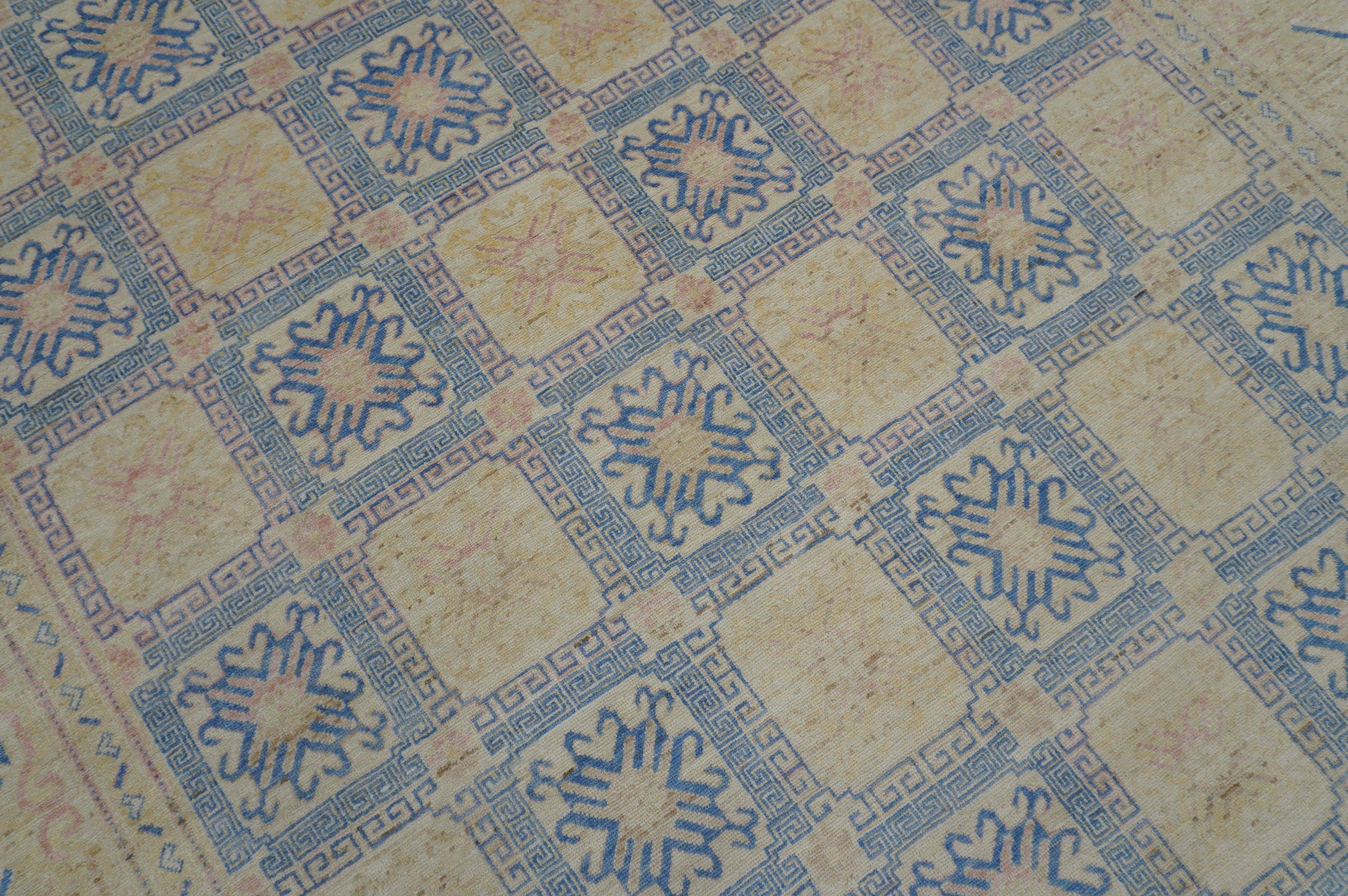 9x12 Vintage Beige Blue Khotan Afghan Hand Knotted Wool Rug - Yildiz Rugs