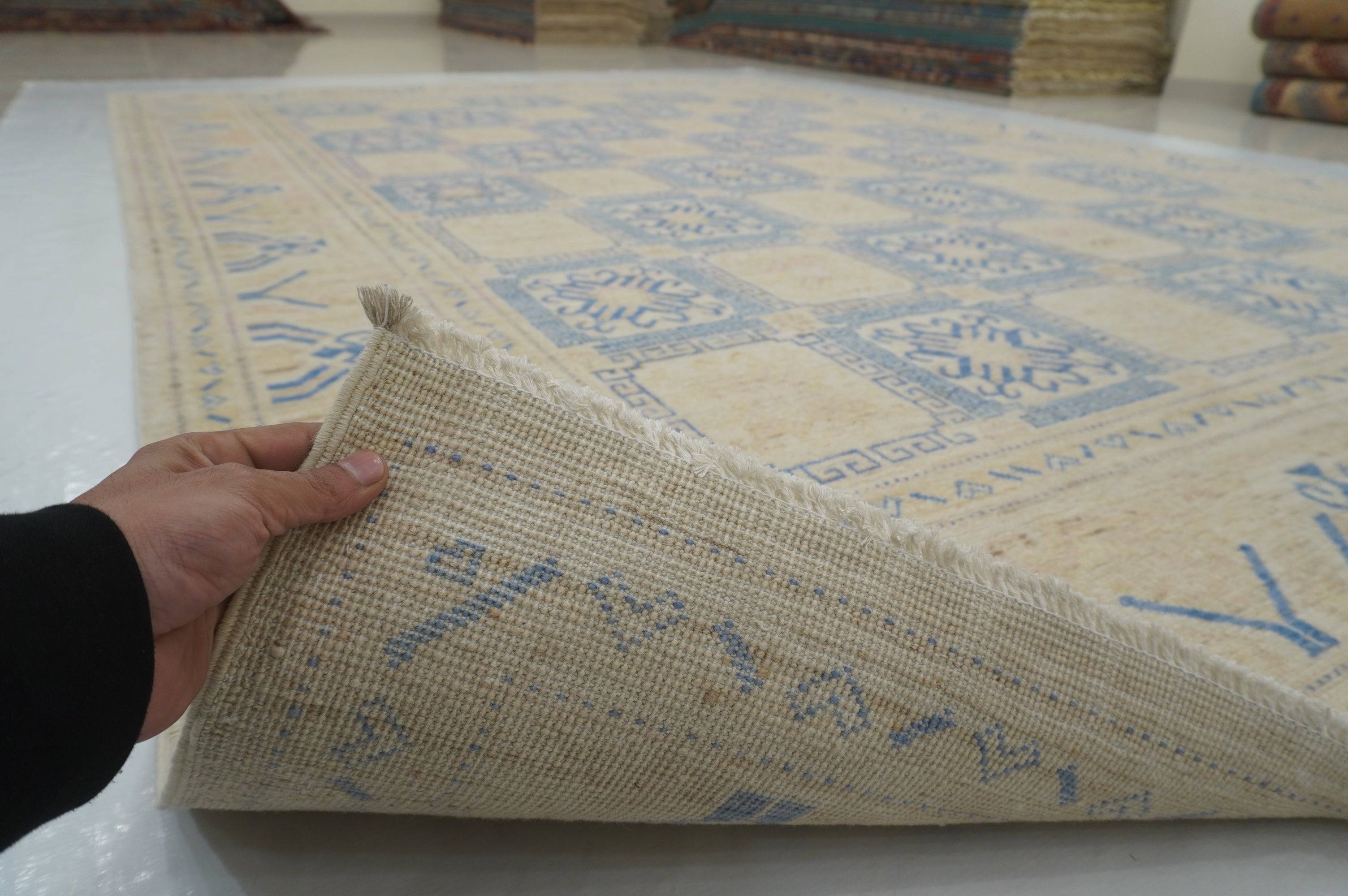 9x12 Vintage Beige Blue Khotan Afghan Hand Knotted Wool Rug - Yildiz Rugs