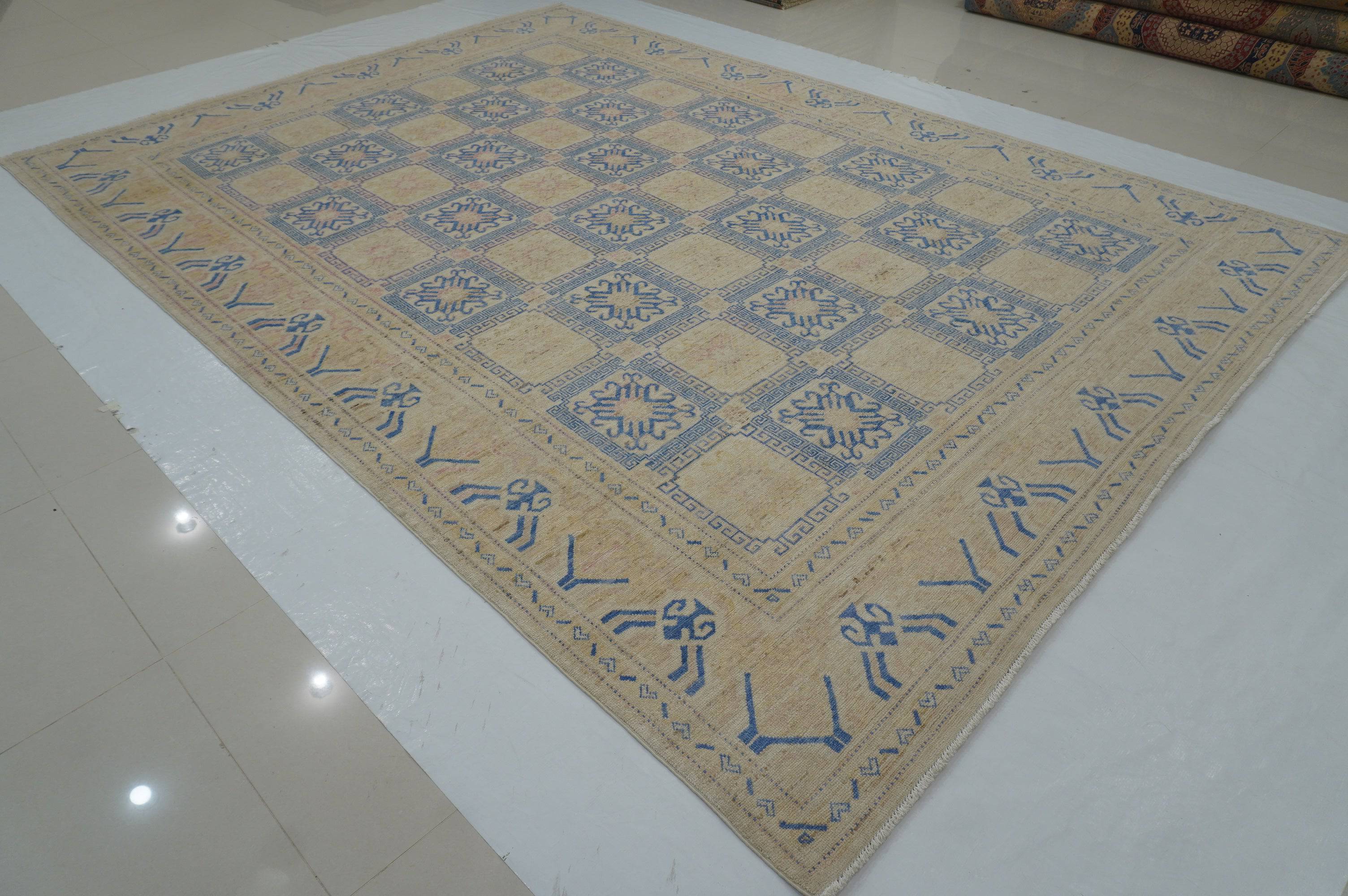 9x12 Vintage Beige Blue Khotan Afghan Hand Knotted Wool Rug - Yildiz Rugs