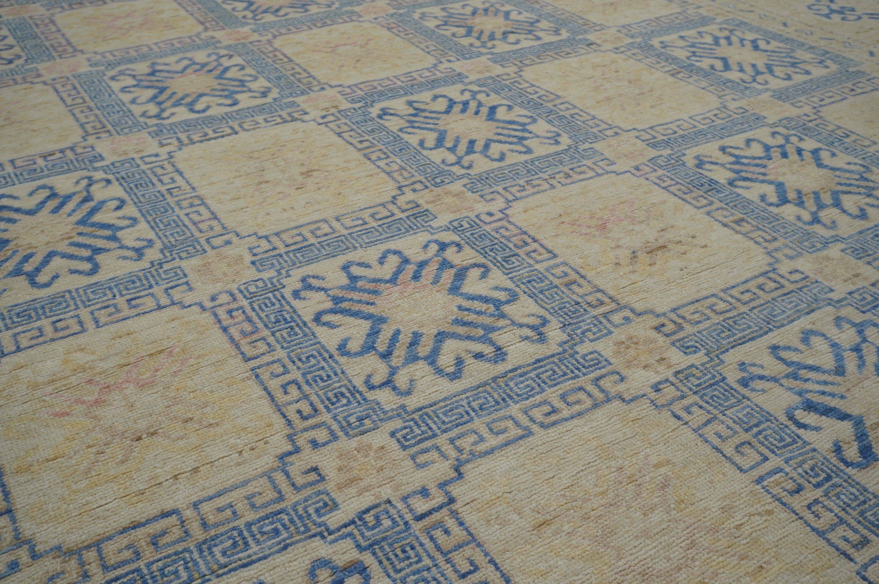 9x12 Vintage Beige Blue Khotan Afghan Hand Knotted Wool Rug - Yildiz Rugs