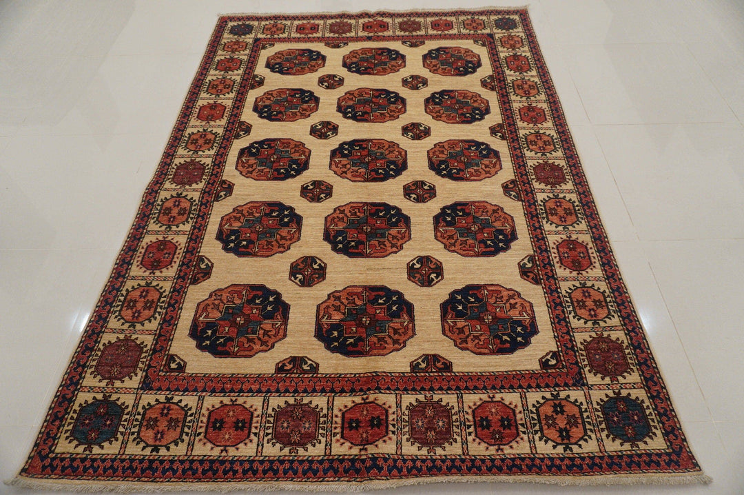 Beige 5x8 ft. Vintage Turkmen Afghan Hand Knotted Wool Rug - Yildiz Rugs