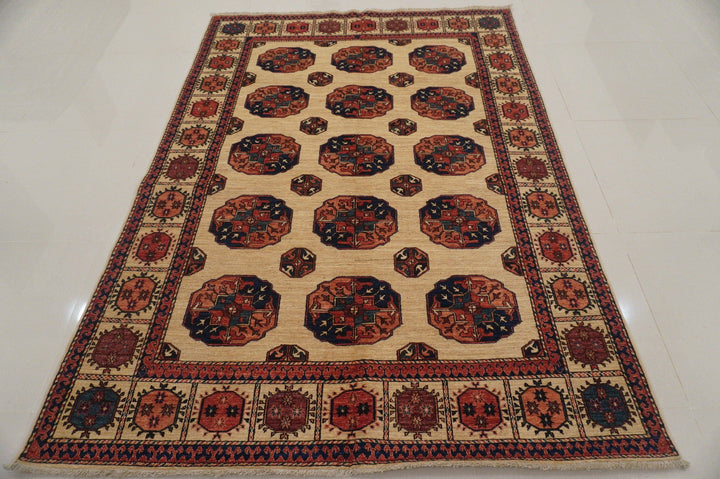 Beige 5x8 ft. Vintage Turkmen Afghan Hand Knotted Wool Rug - Yildiz Rugs