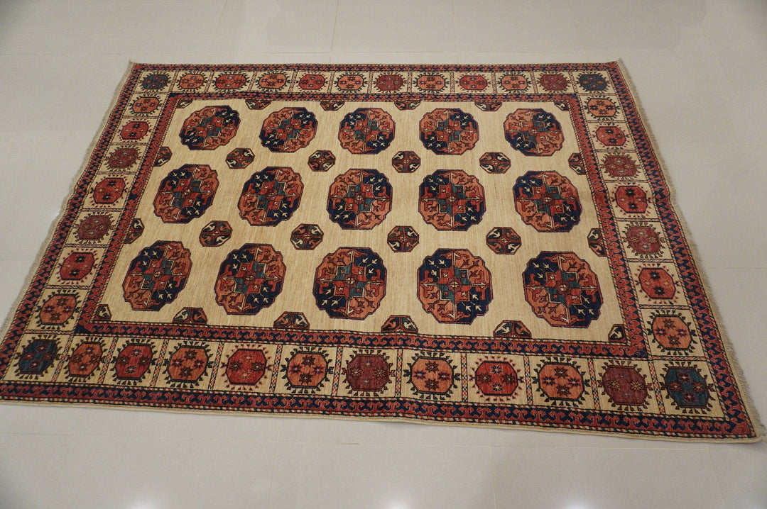 Beige 5x8 ft. Vintage Turkmen Afghan Hand Knotted Wool Rug - Yildiz Rugs