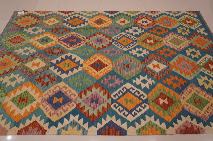 Blue 6x8 Kilim Afghan Handmade Geometric Veg dyes wool Kilim - Yildiz Rugs