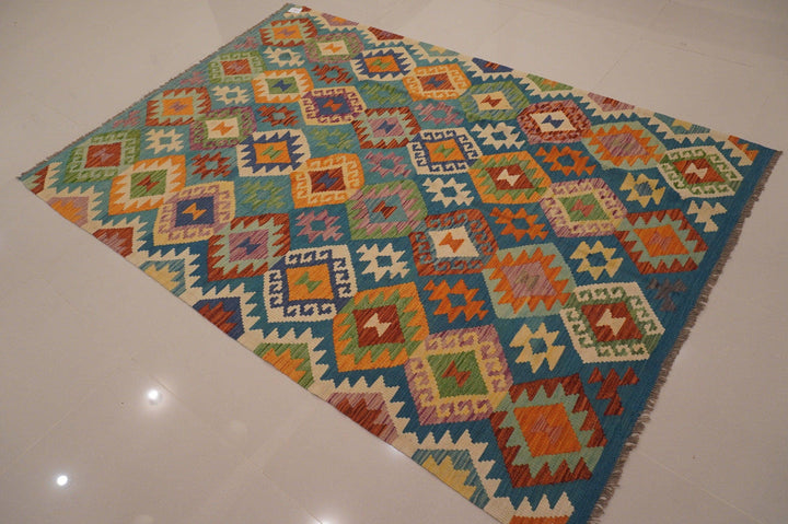 Blue 6x8 Kilim Afghan Handmade Geometric Veg dyes wool Kilim - Yildiz Rugs