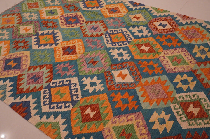 Blue 6x8 Kilim Afghan Handmade Geometric Veg dyes wool Kilim - Yildiz Rugs