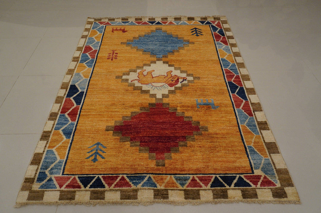 Orange 5x7 Gabbeh Afghan Hand knotted Wool Rug - Yildiz Rugs