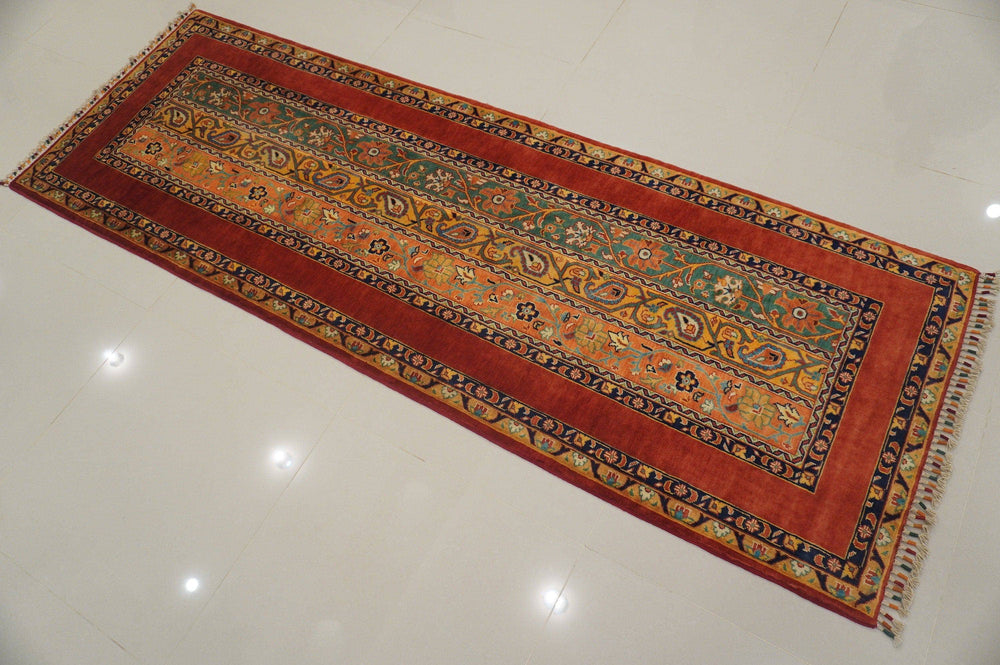 Red 8 feet Turkish Hand knotted Hallway Merino wool runner rug - Yildiz Rugs