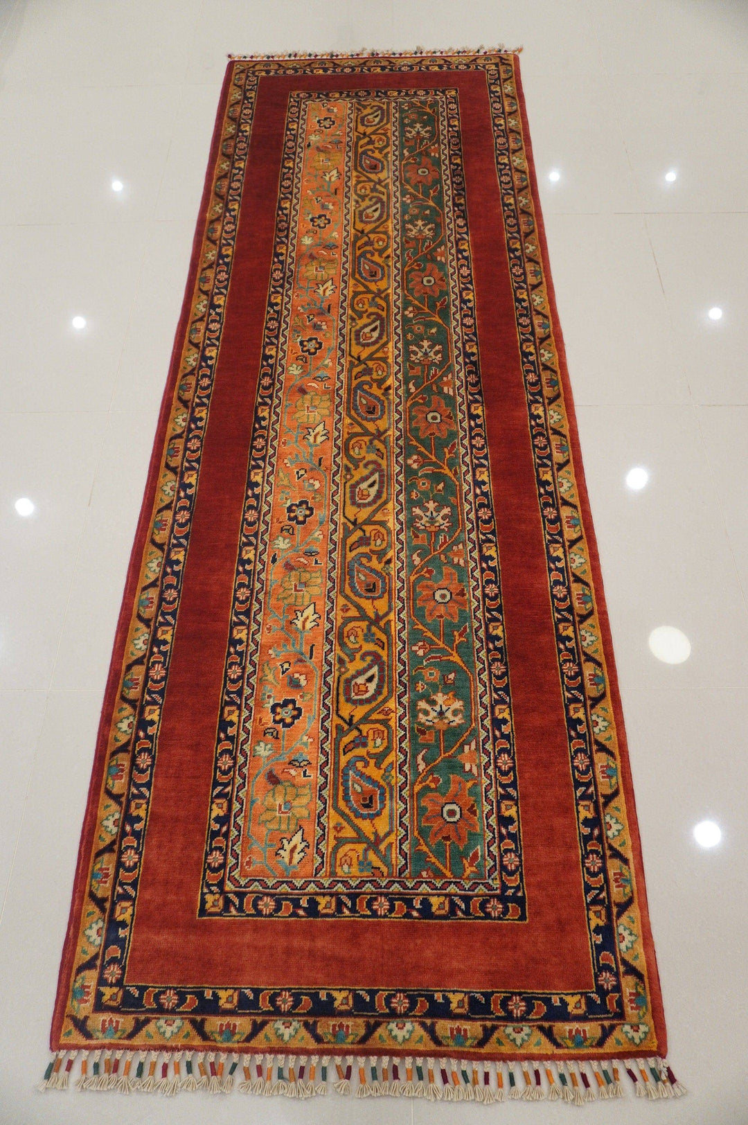 Red 8 feet Turkish Hand knotted Hallway Merino wool runner rug - Yildiz Rugs