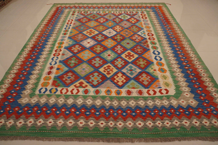 sold 8x10 Afghan Red Blue Green Geometric Handmade Wool Kilim Rug - Yildiz Rugs