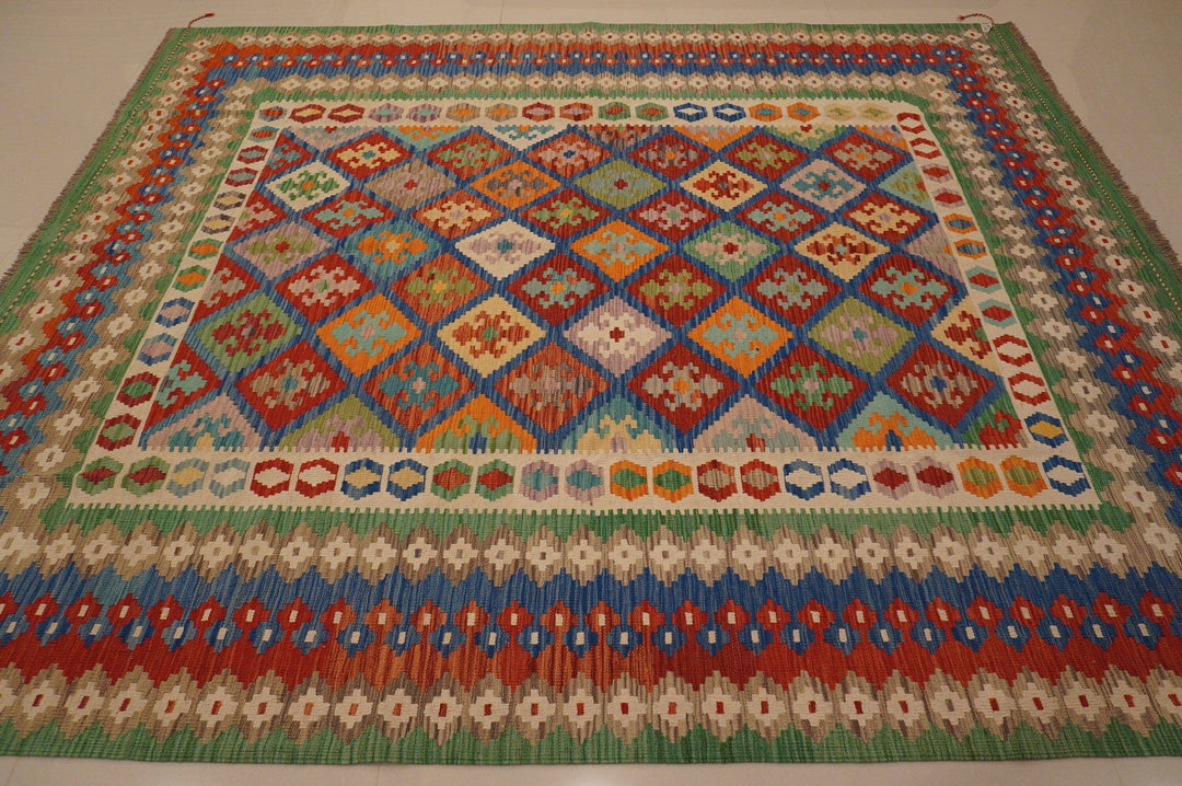 sold 8x10 Afghan Red Blue Green Geometric Handmade Wool Kilim Rug - Yildiz Rugs