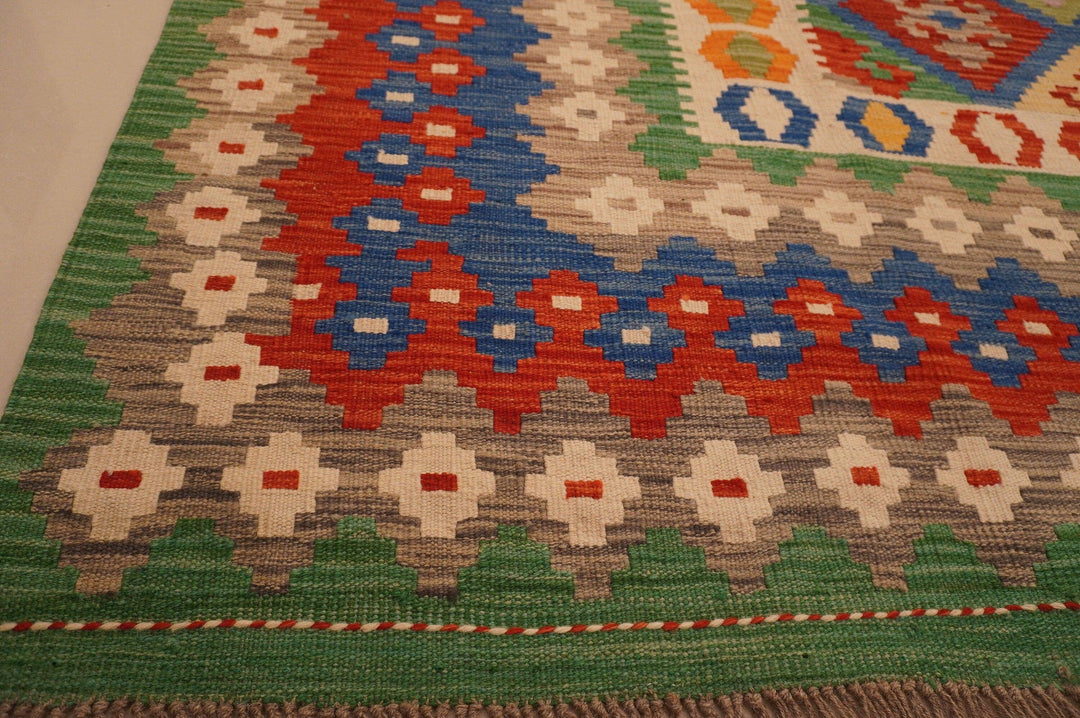 sold 8x10 Afghan Red Blue Green Geometric Handmade Wool Kilim Rug - Yildiz Rugs