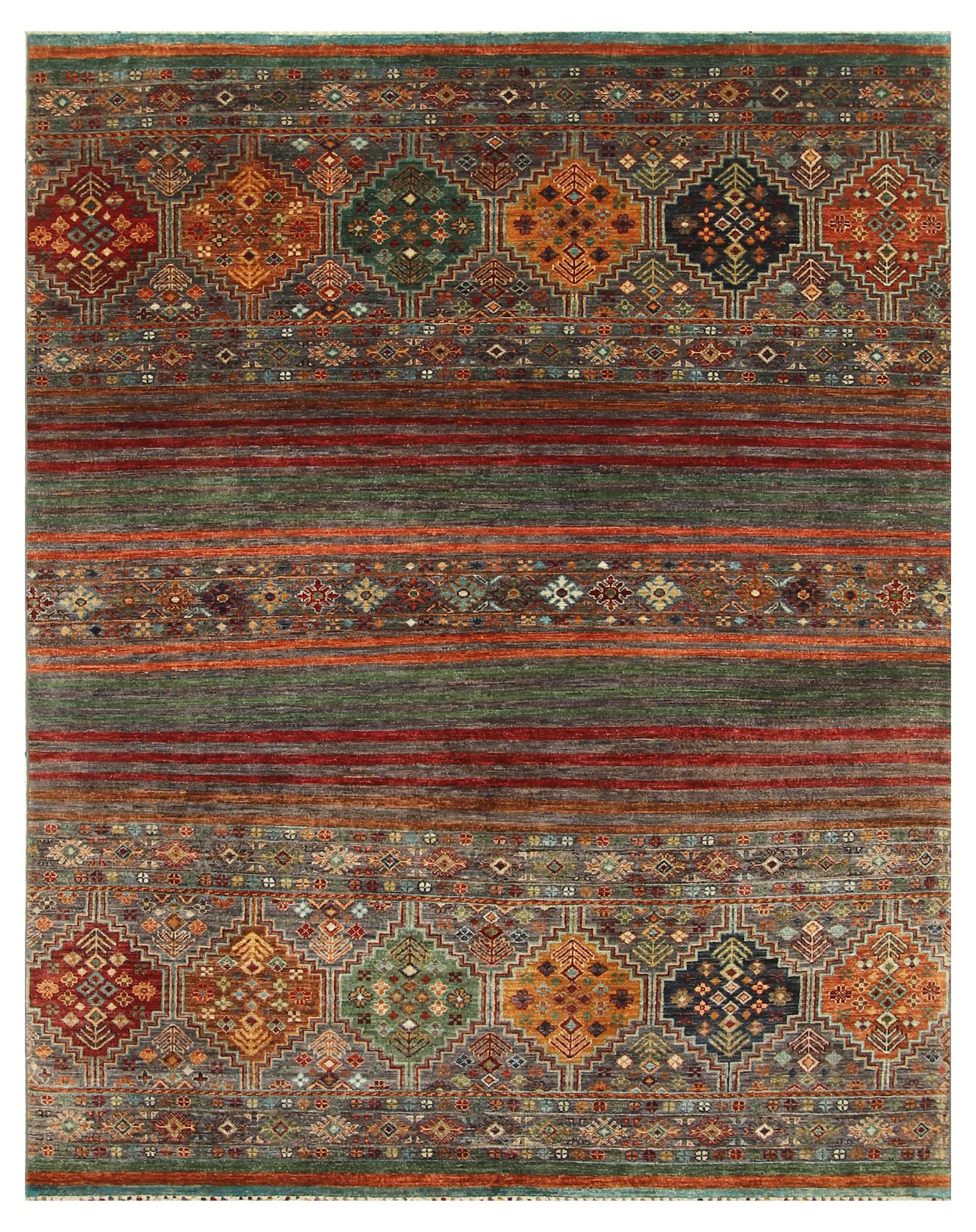 6x8 Tribal Gray Afghan Natural Dye Hand knotted Wool Striped Rug - Yildiz Rugs