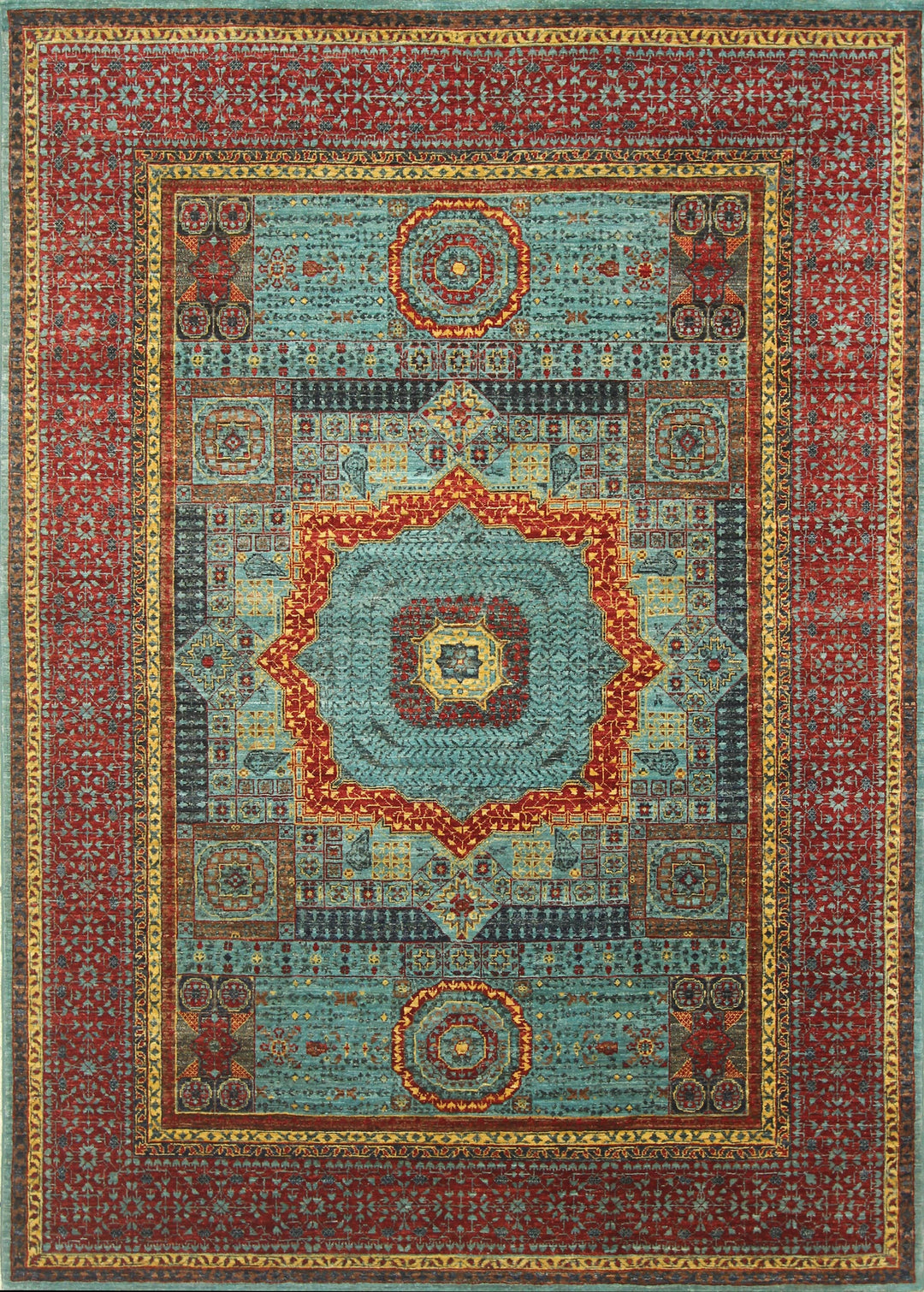 6x8 Mamluk Turkish Turquoise Blue Red Hand knotted wool Medallion Rug - Yildiz Rugs