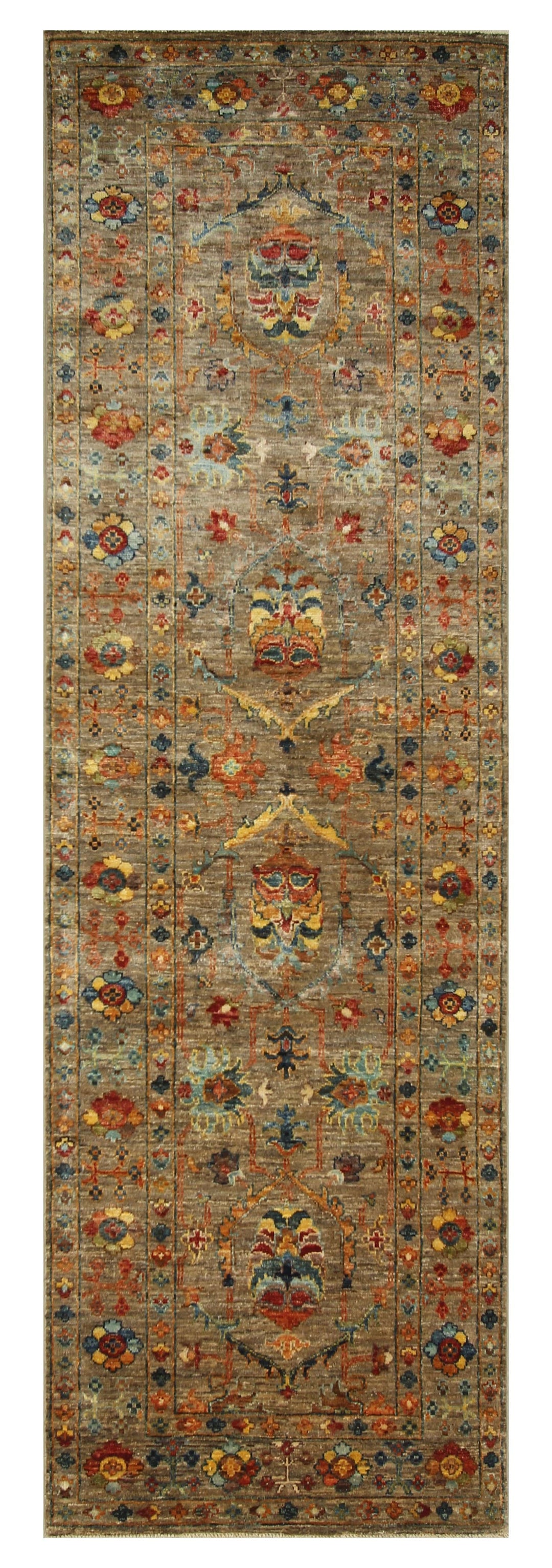 9 ft Waziri Warm Gray Afghan Hand knotted Wool Oriental Runner - Yildiz Rugs