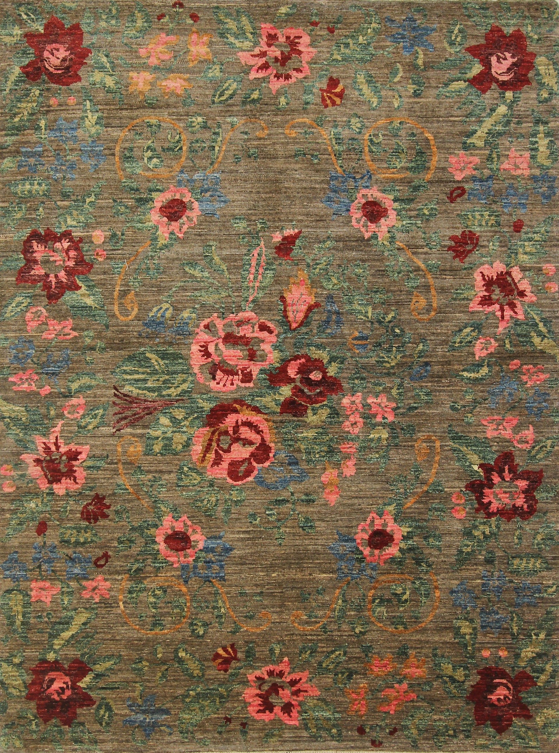 6x8 Floral Karabagh Gray Green Pink Afghan Hand Knotted Wool Rug - Yildiz Rugs