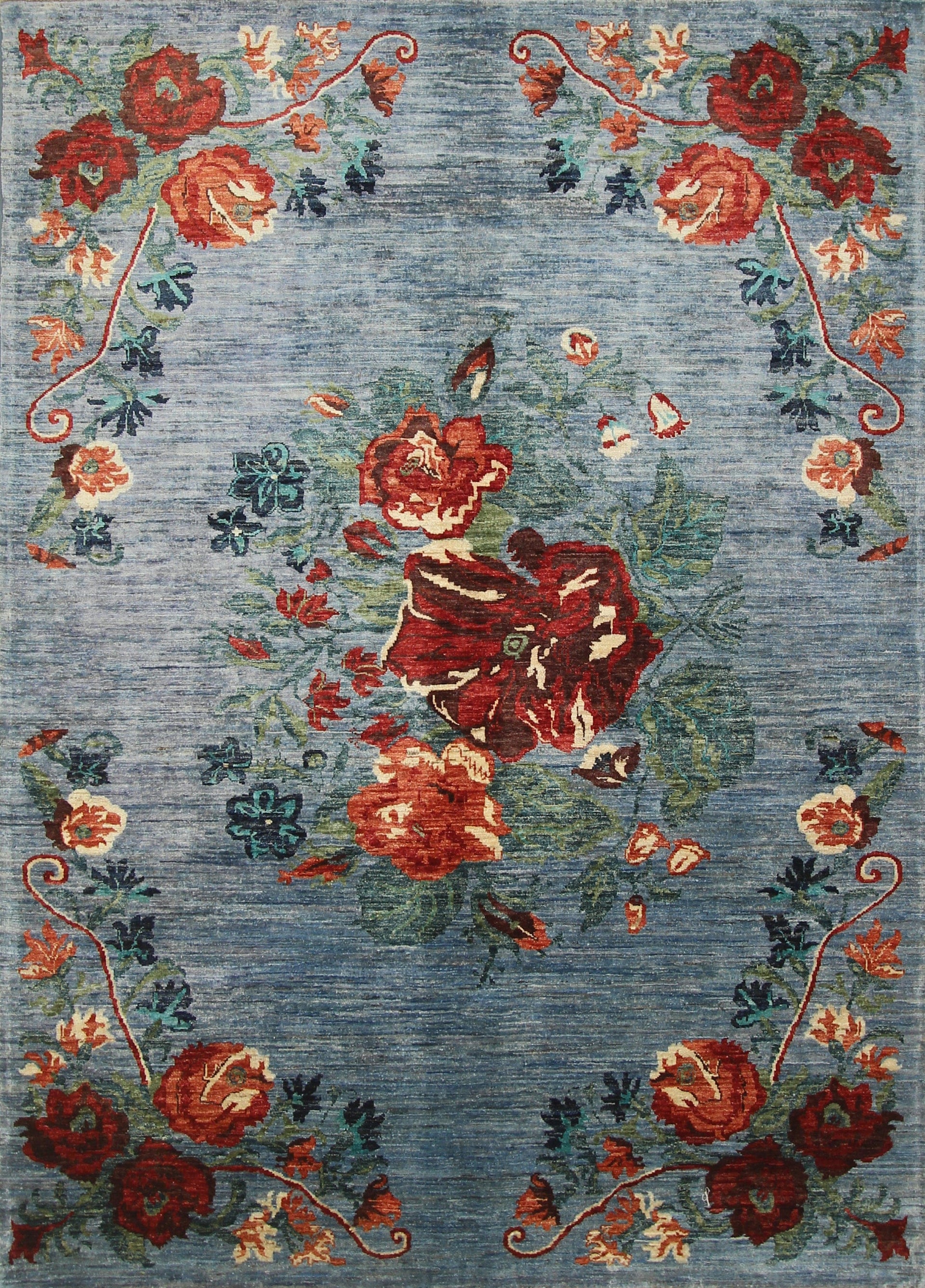 6x8 Floral Rose Pastel Blue Karabagh Afghan Hand Knotted Rug - Yildiz Rugs