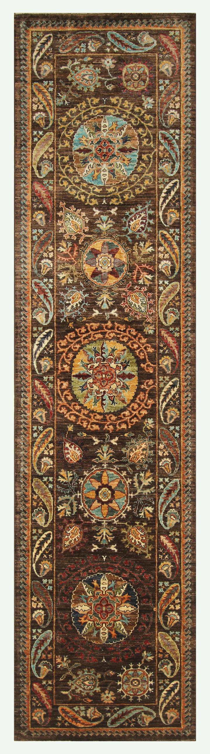 10 ft Suzani Dark Brown Afghan hand knotted Runner rug - Yildiz Rugs