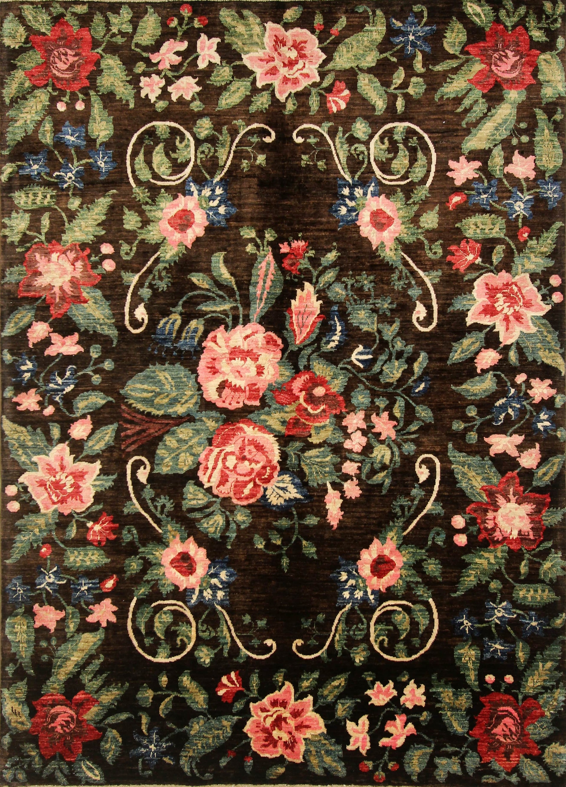 6x8 Floral Rose Dark Brown Karabagh Afghan Hand Knotted Rug - Yildiz Rugs