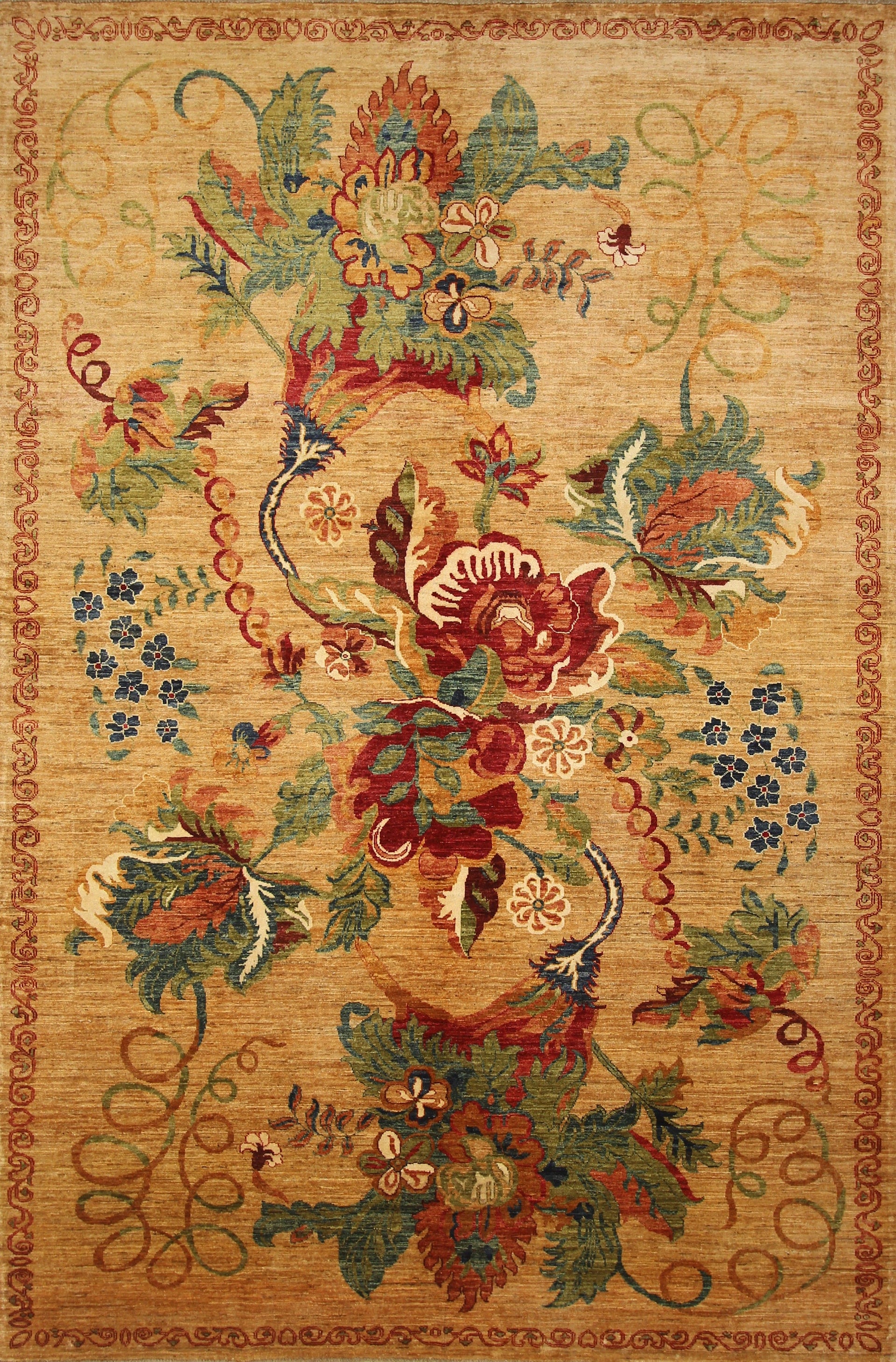 7x10 Floral Rose Brown Karabagh Afghan Hand Knotted Rug - Yildiz Rugs