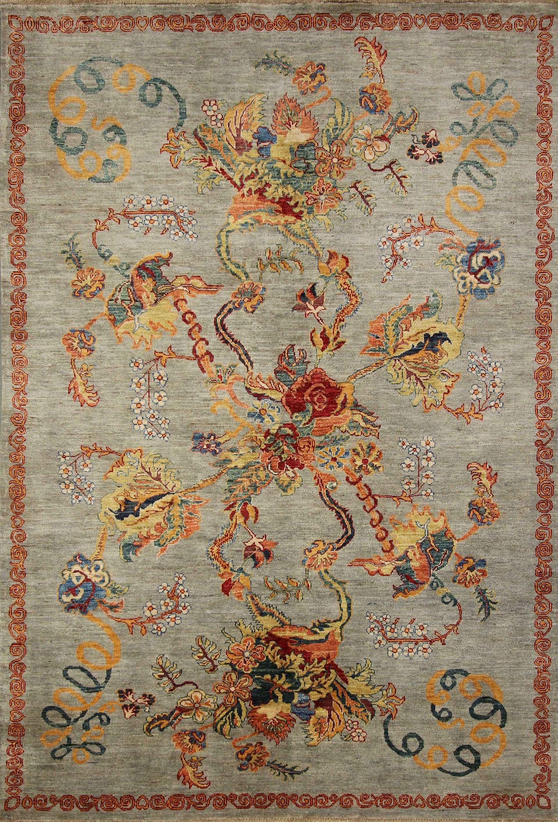 6x8 Floral Rose Grey Karabagh Afghan Hand Knotted Rug - Yildiz Rugs