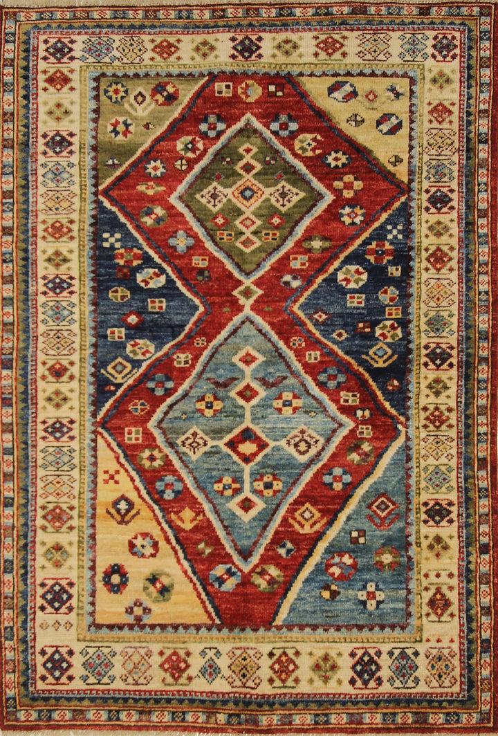 4x6 Tribal Gabbeh Red Blue Green Hand Knotted Rug - Yildiz Rugs