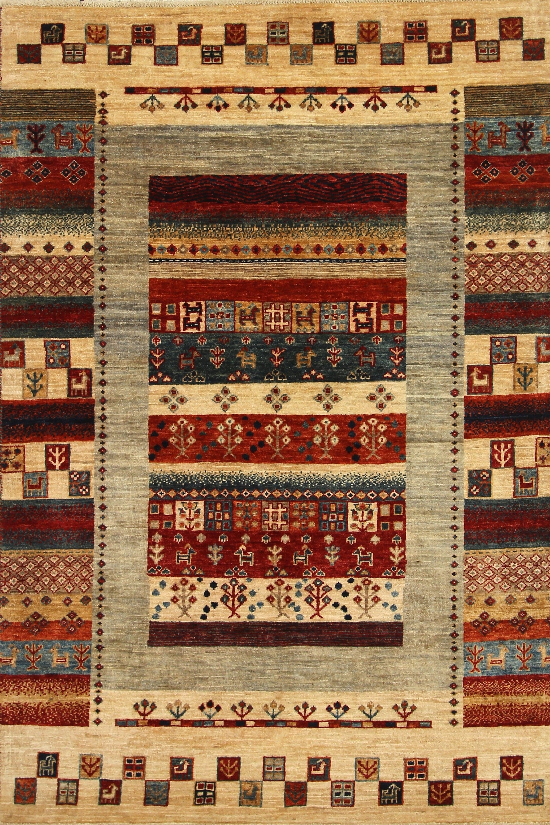 4x6 Gabbeh Beige Gray Kashkuli Nomadic Hand Knotted Rug - Yildiz Rugs