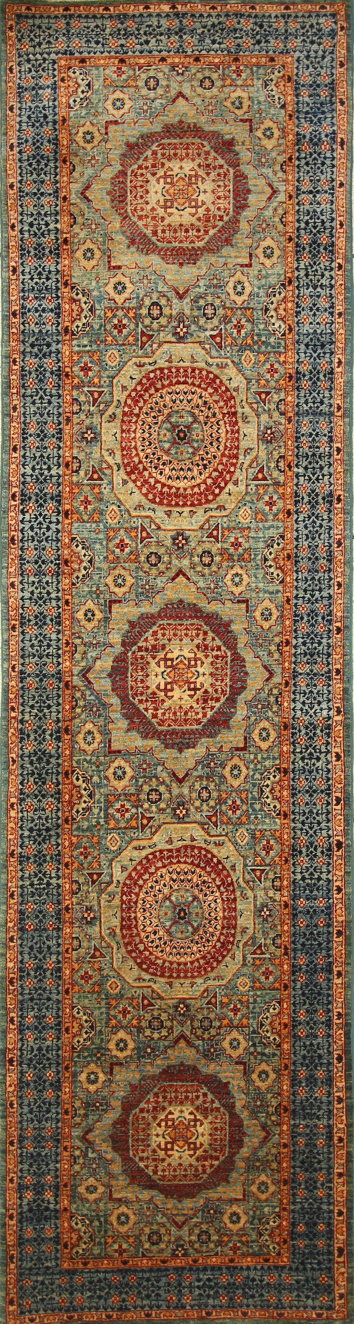 9 ft Green Mamluk knotted Turkish Runner Rug - Yildiz Rugs