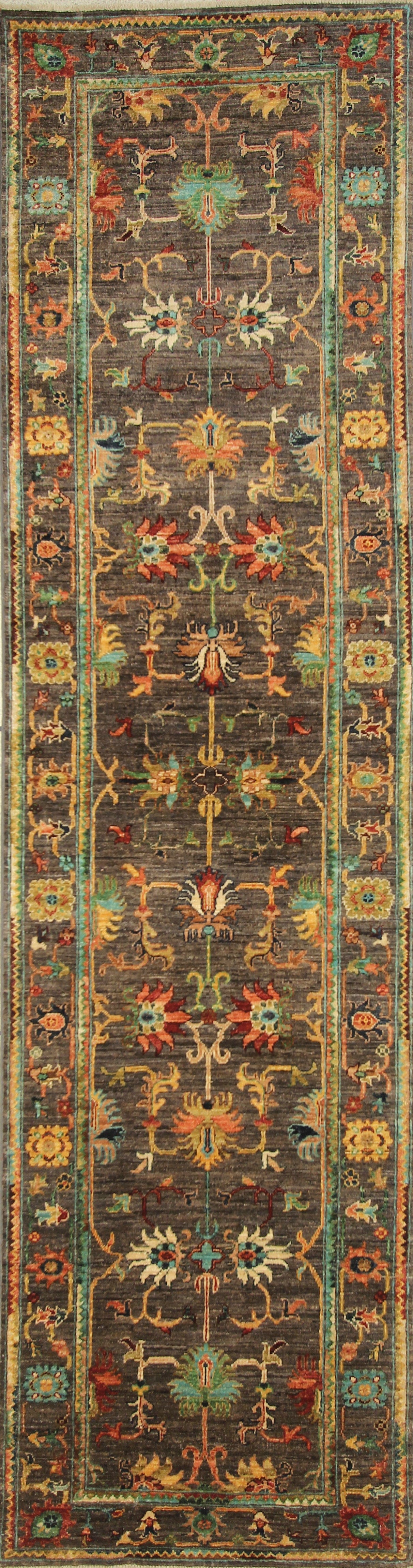 2'8 x 10'3 ft Gray Waziri Afghan Hand knotted Runner Rug - Yildiz Rugs