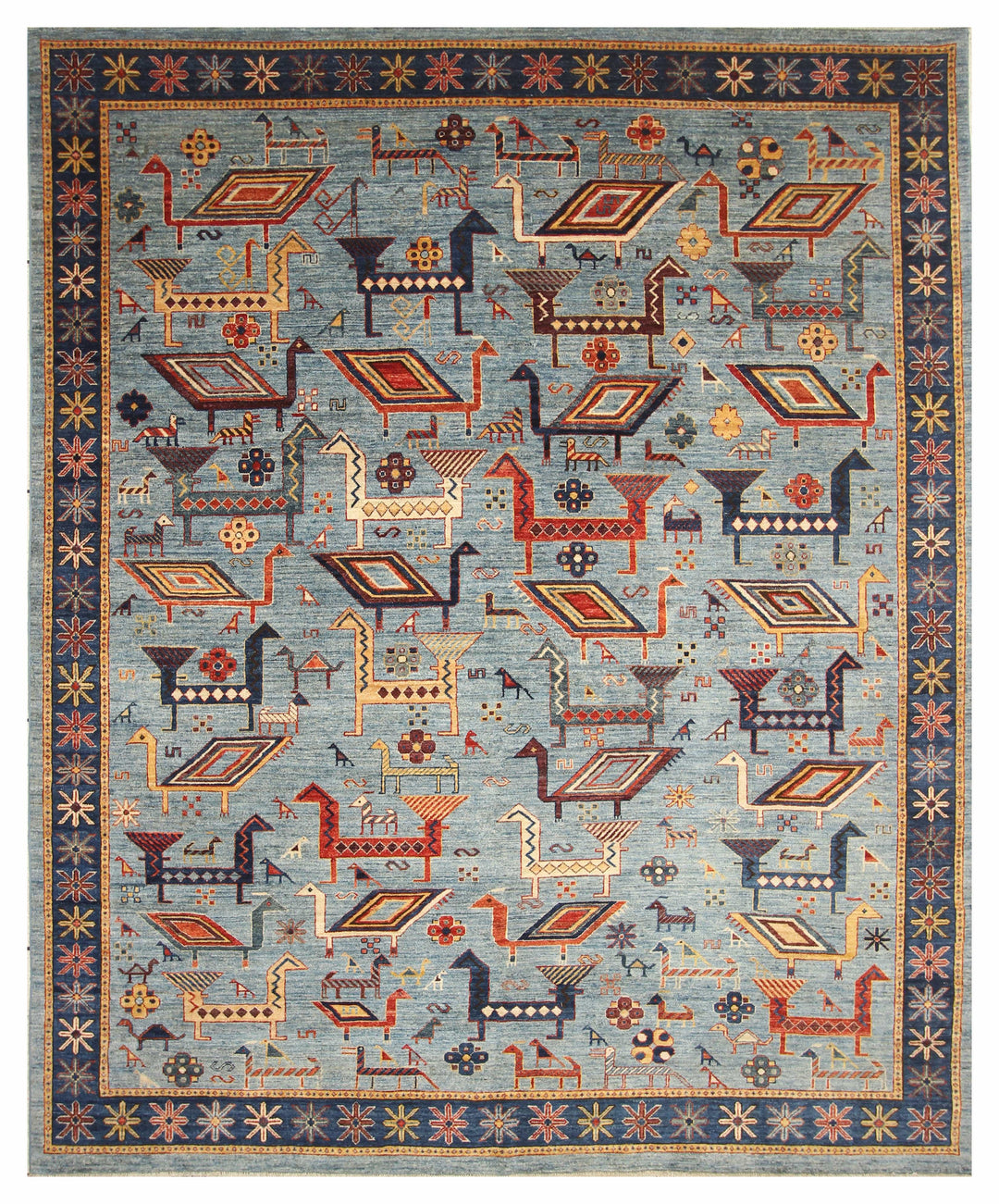 8x10 Blue Tribal Afghan Nomadic Animal Gabbeh Hand Knotted Area Rug