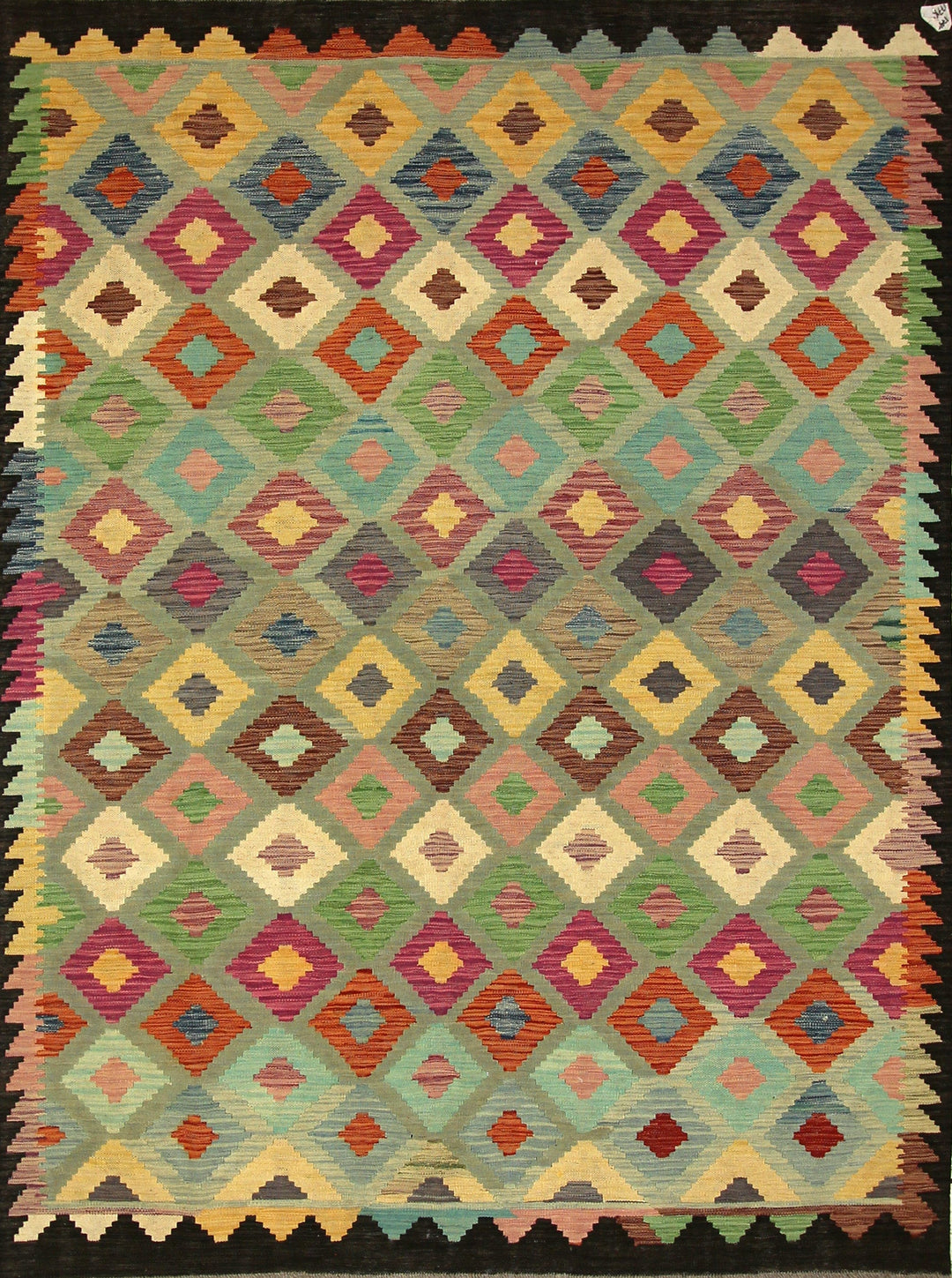 6x8 Kilim Gray Black Afghan Geometric Kilim Wool Rug - Yildiz Rugs