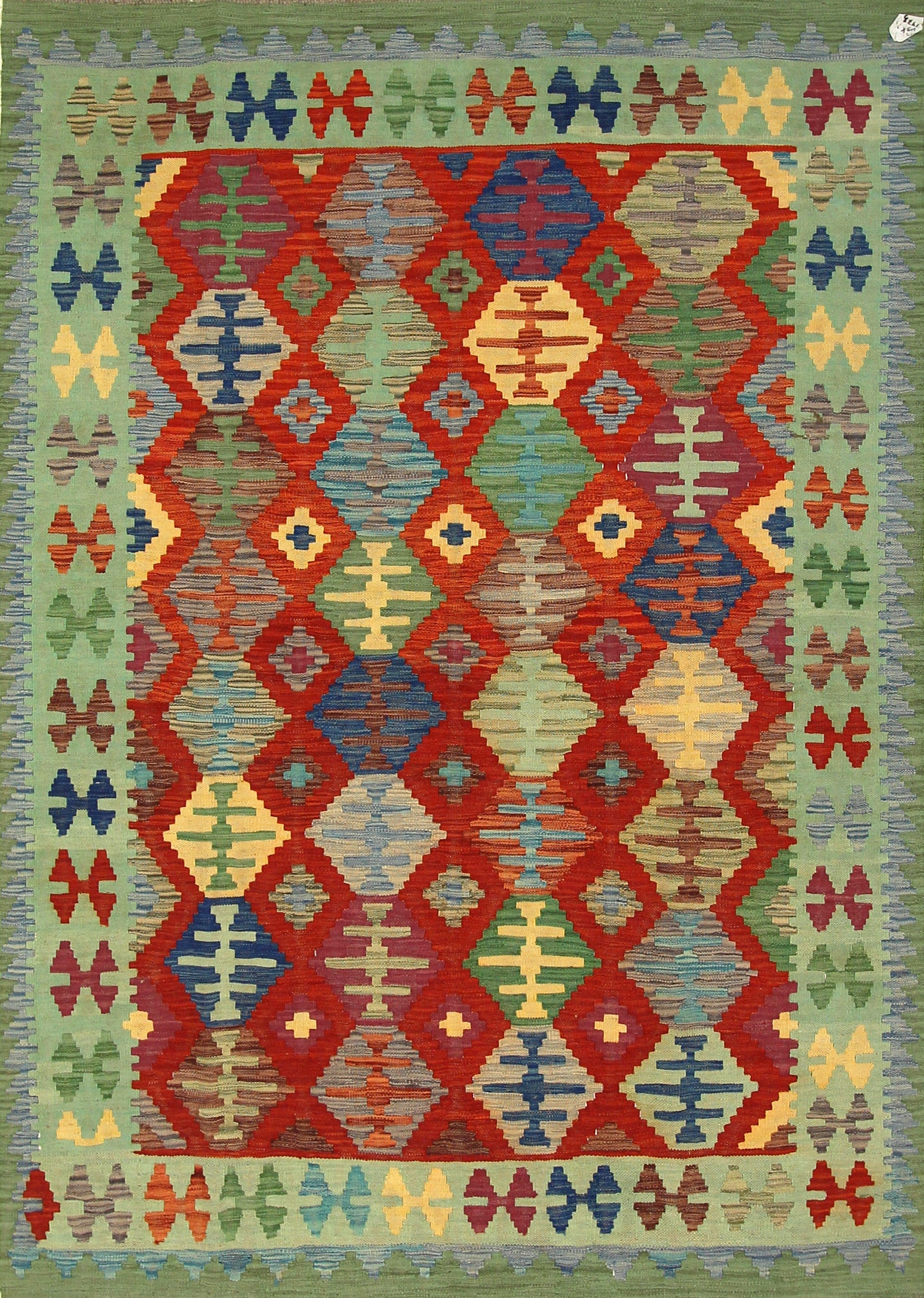 6x8 Kilim Red Green Afghan Geometric Kilim Wool Rug - Yildiz Rugs