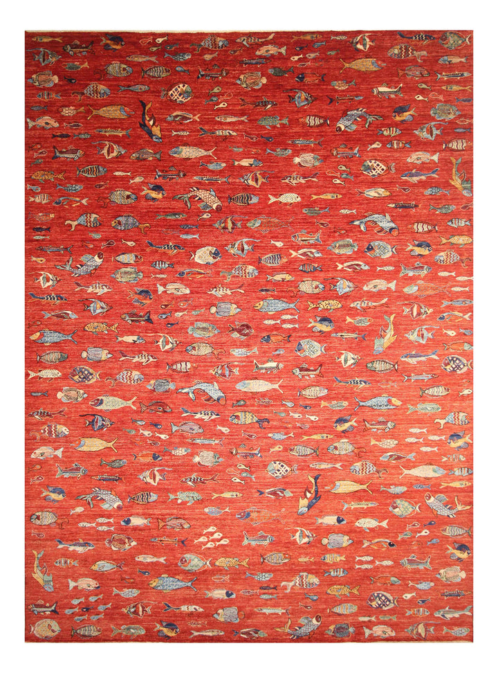 10x14 Fish Gabbeh Rusty Red Afghan Hand knotted wool Tribal Area Rug - Yildiz Rugs