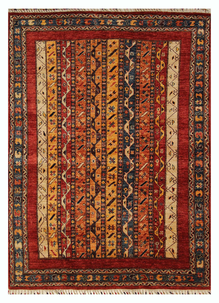4x6 Turkish Red Shawl Hand knotted Wool Striped Rug - Yildiz Rugs
