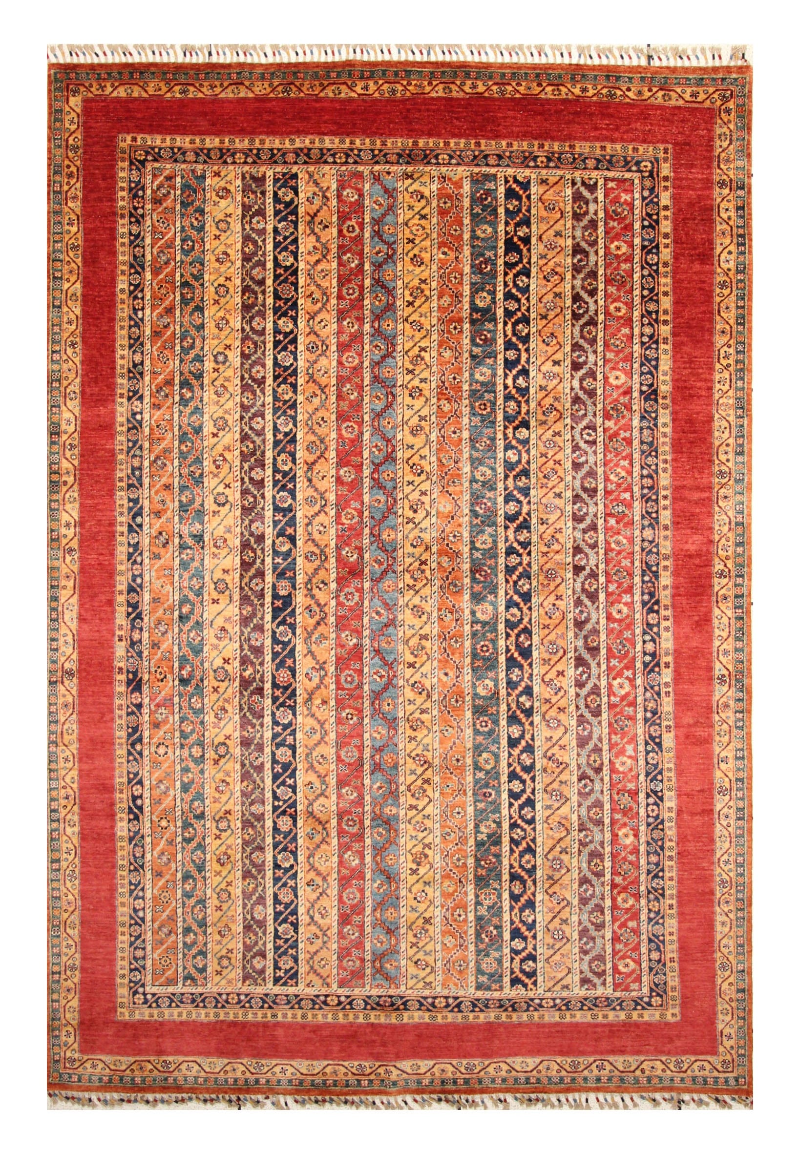 7x10 Turkish Red Shawl  Hand knotted Wool Striped rug - Yildiz Rugs