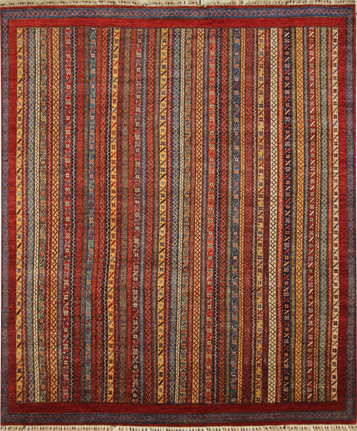 Red 8x10 Turkish Shawl Hand Knotted Wool Striped Rug - Yildiz Rugs