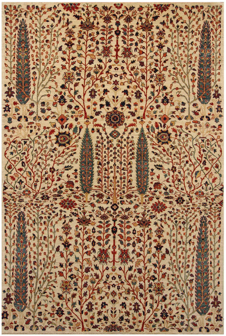 6x9 Beige Cypress Tree of Life Afghan Hand knotted Veg dye wool rug - Yildiz Rugs