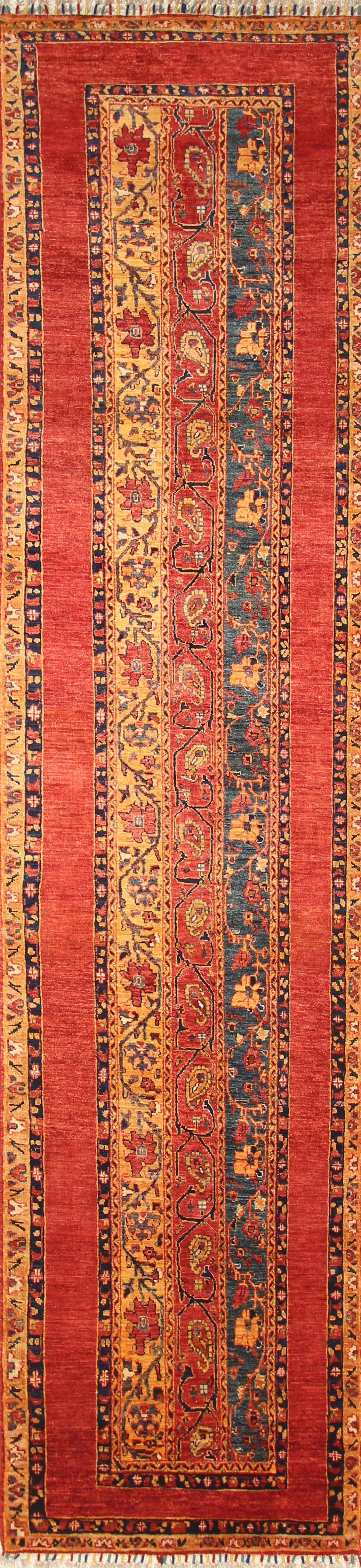 Red 12 ft Turkish Shawl Hand Knotted Natural Dyes Wool Runner Rug - Yildiz Rugs