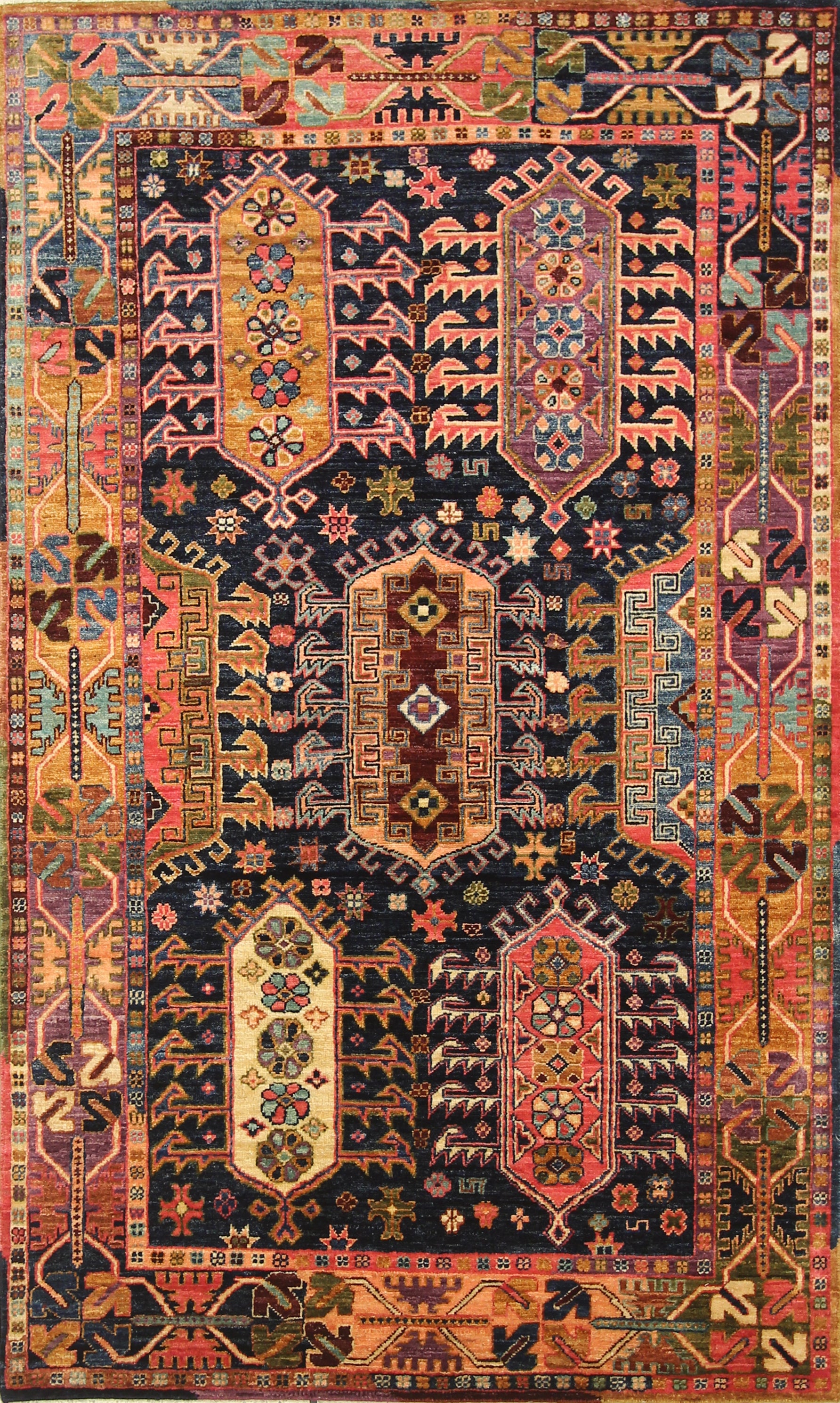 4x6 Tribal Navy Blue Afghan Hand knotted wool Area Rug - Yildiz Rugs