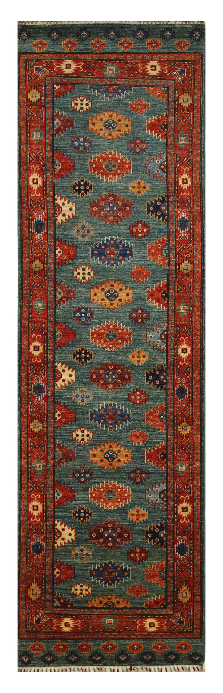 2'8 x 9'7 ft Green Ersari Turkmen Afghan Hand knotted Oriental Runner Rug