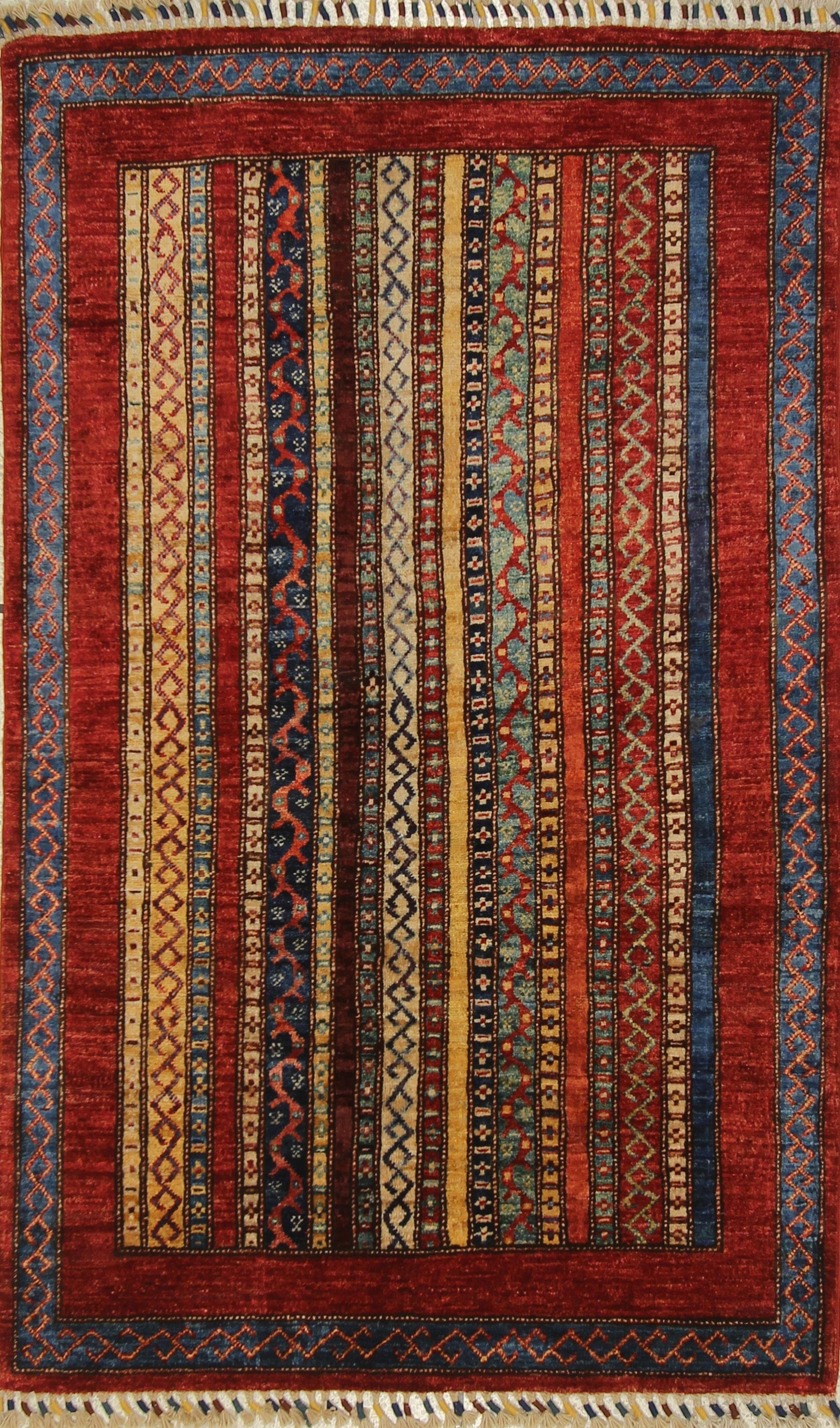 Red 3x5 Turkish Shawl Pattern Natural Dye Hand Knotted Wool Striped Rug - Yildiz Rugs