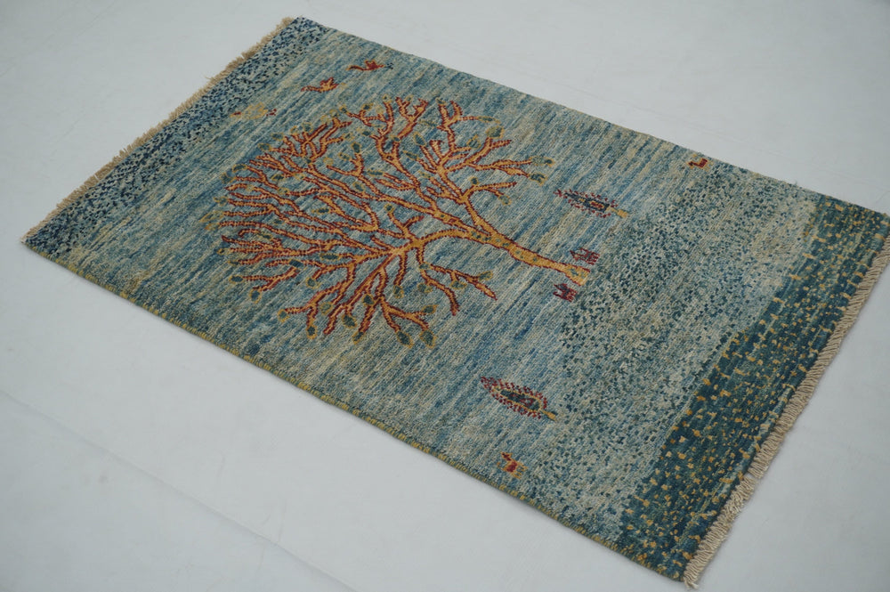 2x3 Gabbeh Blue Tree of Life Persian Hand knotted Area Rug - Yildiz Rugs