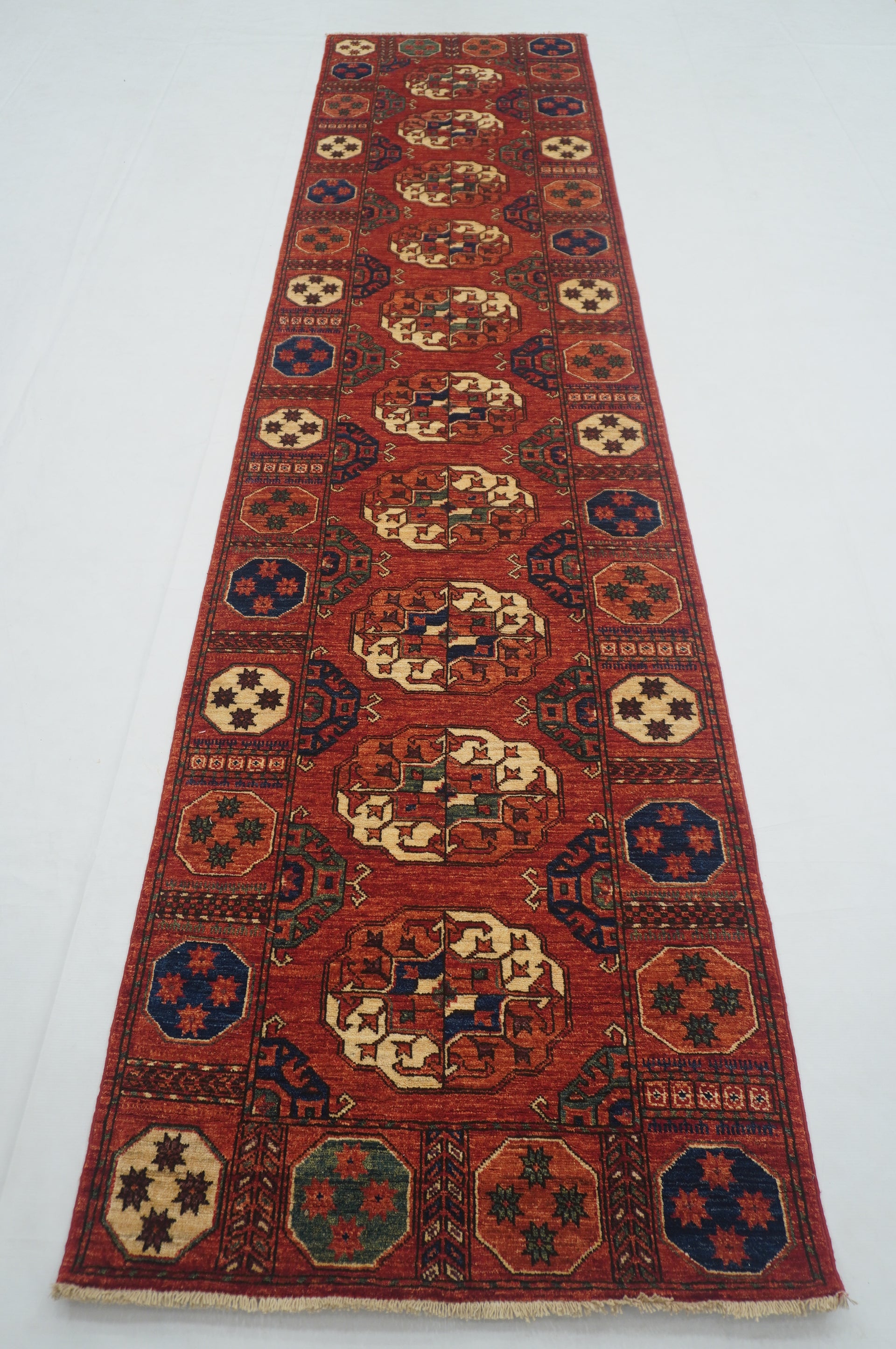 12 Ft Turkmen Red Tekke hand knotted Natural Dyes Wool Runner Rug - Yildiz Rugs