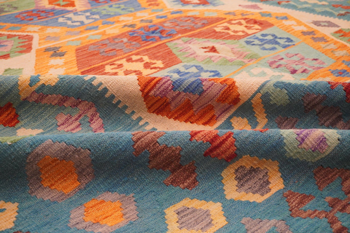 8x12 Afghan Beige Pastel Blue Handmade Kilim Wool rug - Yildiz Rugs