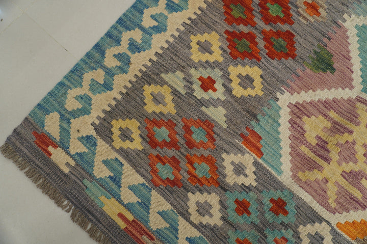 8'0x11'3 Afghan Kilim Beige Gray Handmade Wool Rug - Yildiz Rugs
