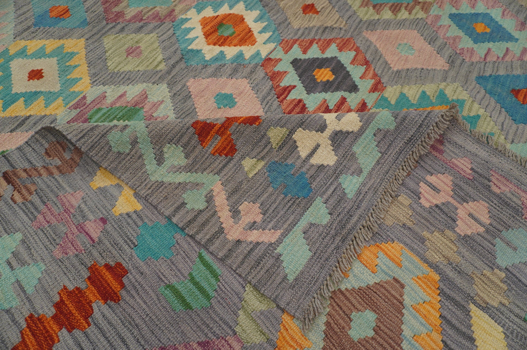 10x13 Afghan Kilim Gray Pastel Colors Handmade Geometric Wool rug - Yildiz Rugs