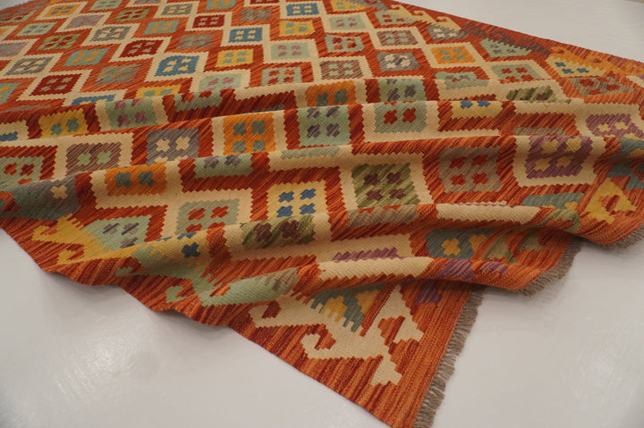 7x10 Afghan Kilim Burnt Orange handmade wool carpet - Yildiz Rugs