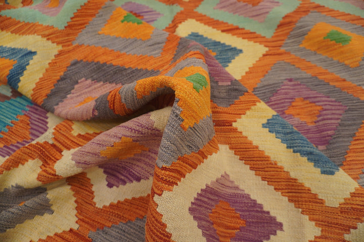 8'1 x 11'4 ft Afghan Kilim Orange Blue Handmade Rug - Yildiz Rugs